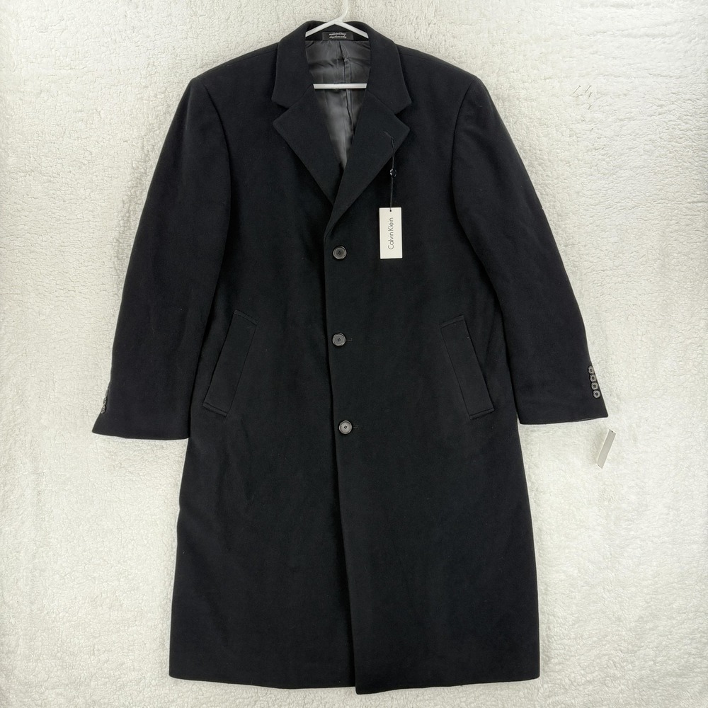 Calvin Klein Coat Mens 42R‎ Black Wool Cashmere Parma Overcoat Long Dress Formal